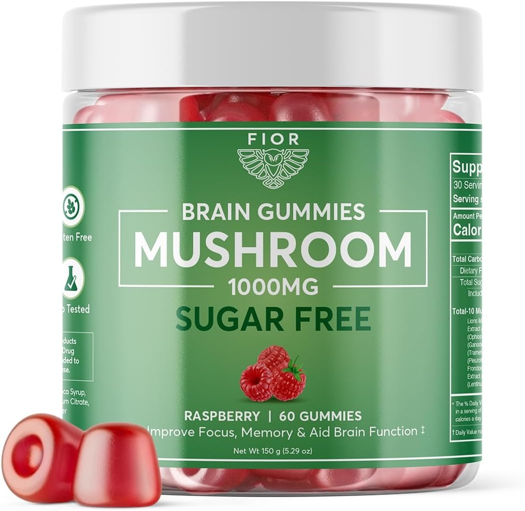 FIOR Prirodzene Huba bez cukru Gummy Total Mushrom Blend Supplement, 60 Gróf, Multi Mushrom Complex, Lions Mane, Chaga, Cordyceps, Reishi, Turkey Tail, Maitake, Shiitake, King Trumpet
