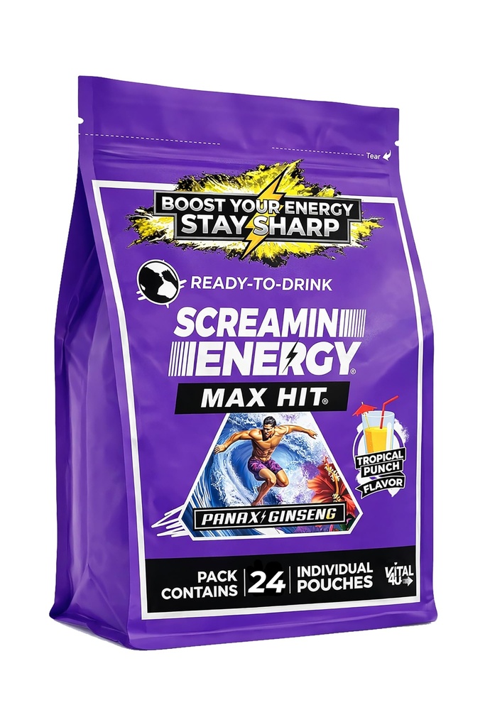 Screamin Energy Max Hit Tropical Punch chuť - maximálna sila cukru bez energie Shot s ženšenom, B vitamíny, a kofeín - 24 Počet