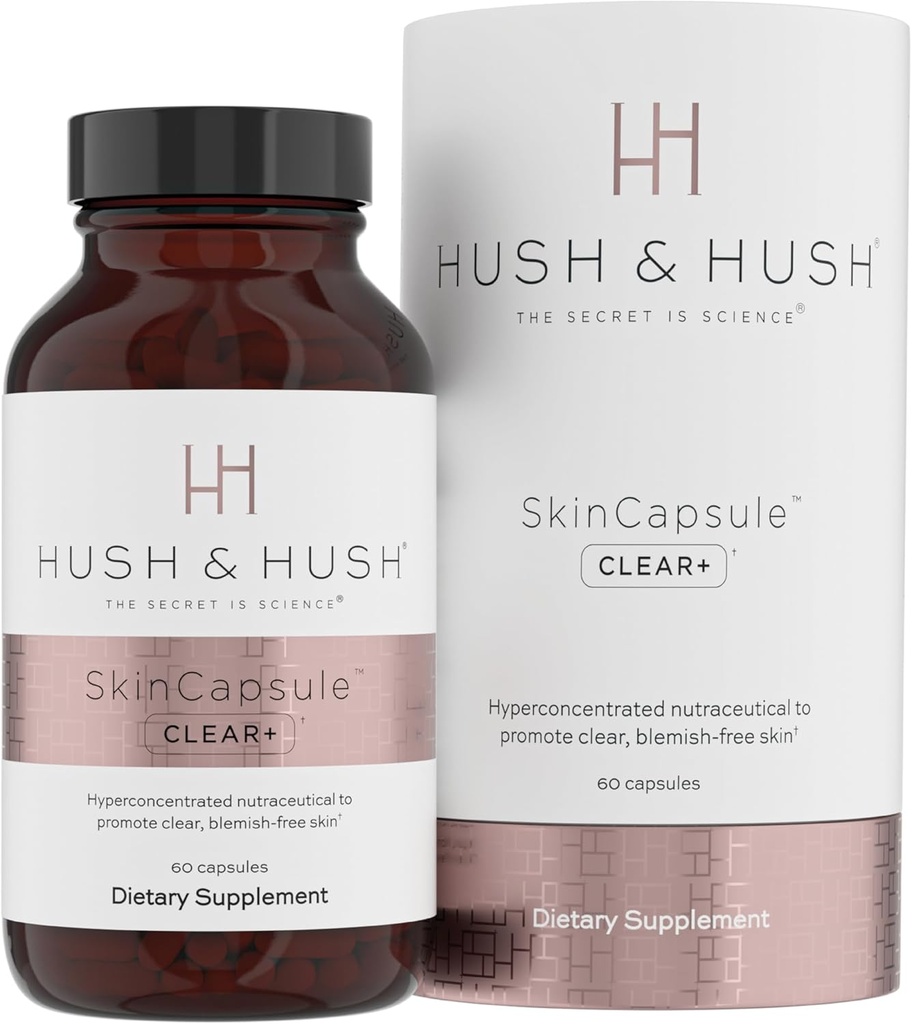 Hush & Hush SkinCapsuleTM Clear+, Skin Care Supplement, Vegan, Akné Liečba tváre, Čisté Nutraceuticals Doplnky, ktoré obsahuje vitamín A, kurkuma, púpava koreňov, zinok - 60 kapsúl