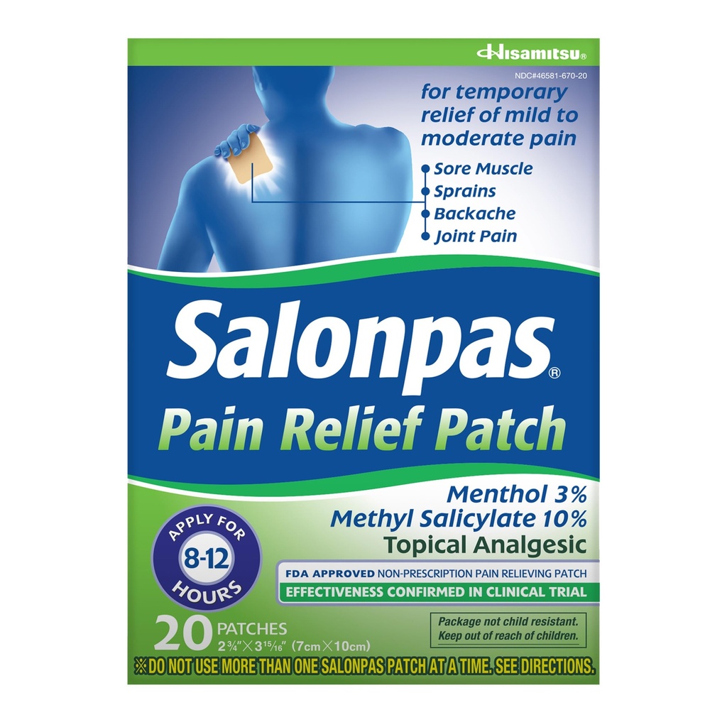 Salonpas úľava od bolesti Patch, 20 gróf (pack of 1), Až do 12 hodín Dočasná úľava miernej až stredne ťažkej bolesti, bolesti chrbta, bolesti svalov, spermie, modriny