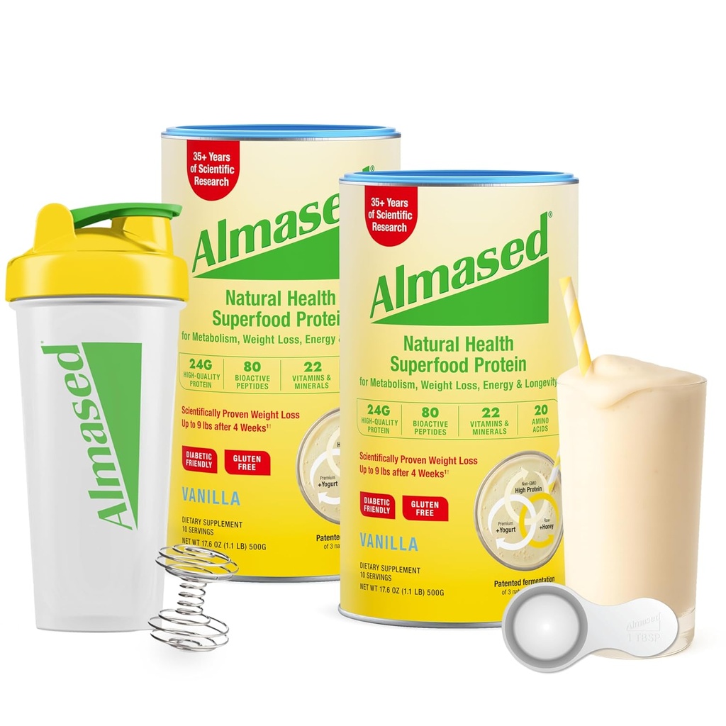 Almased Meal Replacement Shakes for Weight Loss - Protein Powder - Starter Kit (Almond Vanilla Flavor, 2 plechovky 17,6 oz + Shaker Fľaša + Scoop)