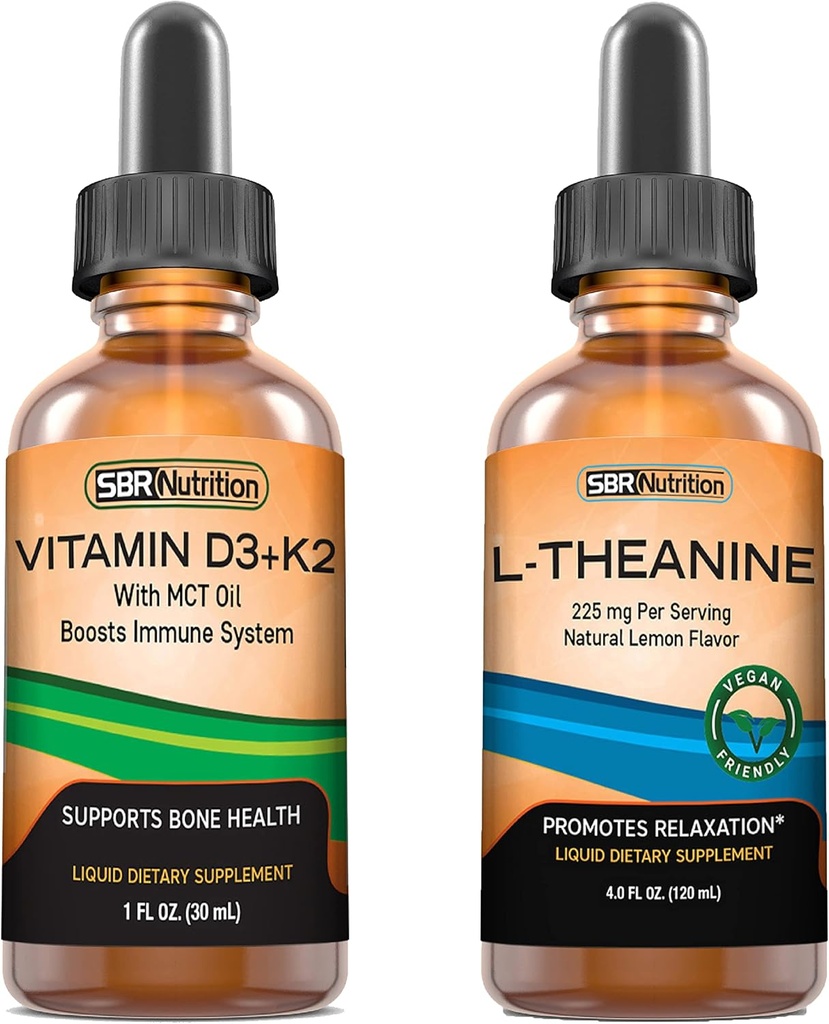 SBR Nutrition D3+K2 a L-theanine Bundle vitamín D3K2 (MK7) Tekuté kvapky, mäta pieporná, 1oz 