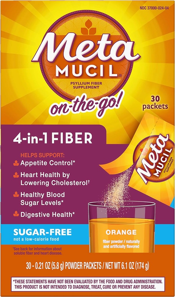 Metamucil Fiber 4-in-1 Psyllium Fiber Supplement Supplement Supplement Sugar-free prášok Jedno-Serve pakety Orange Ochutený nápoj 2 Boxy 30 paketov (Staré)