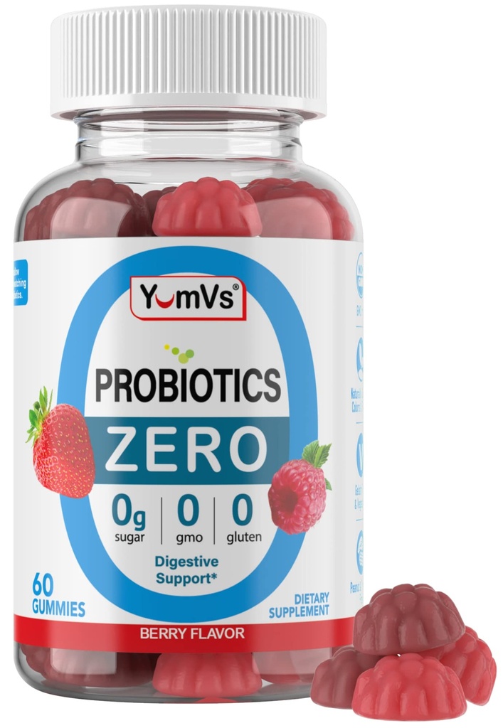 YUM-V'S - Zero Sugar Probiotic Gummy pre trávivé zdravie - Bezcukrové probiotiká pre ženy, mužov a deti - Gummy pre zdravie dospelých a deti - Gumičky pre trávenie Gumové doplnky - 60ct