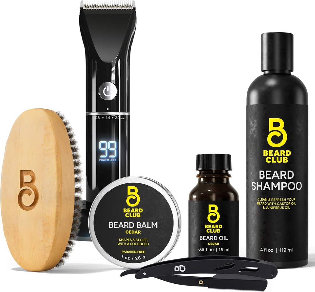 Brad Club Grooming Bundle: Trimmer pre mužov & Care Kit - zahŕňa bezdrôtové elektrické trimmer, rovný okraj Razor, šampón, Cedar Balm & Oil, Kefa - 8 Guides, 45 Dĺžka