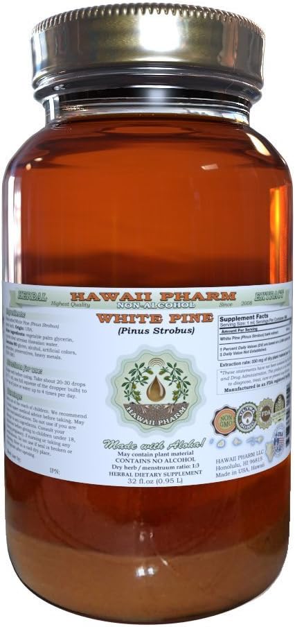 Biely borovicový tekutý extrakt bez obsahu alkoholu, biela borovica (Pinus Strobus) sušená kôra Glycerit Natural Herbal Supplement, Hawaii Pharm, USA 32 fl.oz