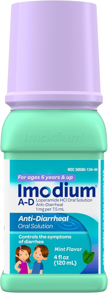Imodium A-D detský tekutý liek proti hnačke s Loperamidom HCl, perorálny roztok na liečbu hnačkových symptómov a kontrolu detí vo veku 6+, mincovňa Flavor, 4 fl. oz
