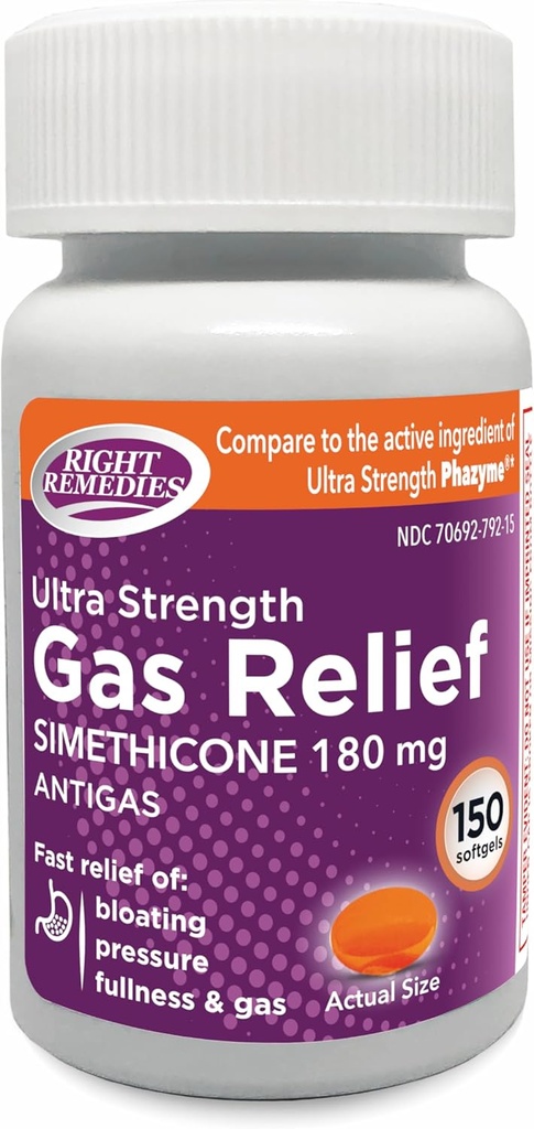 Plyn Relief Ultra Strength, 180mg Simeticone (150 Softgels) Rýchla úľava od plynu, Bloating, plnosť, bolestivé nepohodlie, v porovnaní s Ultra Strength Phazyme Active Ingredient