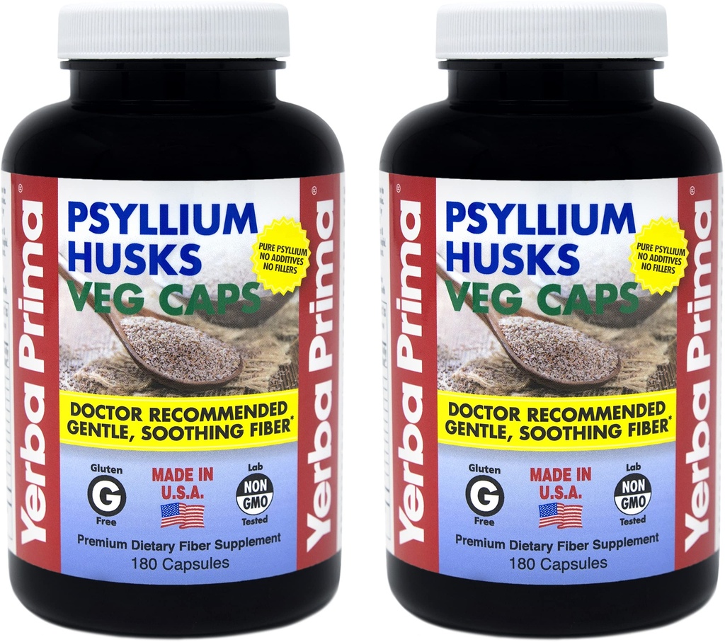 Yerba Prima Psyllium Husks Veg Caps - 180 Počet (2 balenia) (625 mg) - Vegán, Non-GMO, Gluten Free, Colon Cleanser, Denné Fiber Supplement for Gut Health & Regularity