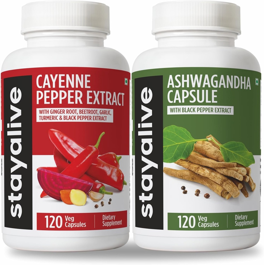 STAY ALIVE Cayenne a Ashwagandha Bundle w/Black Pepper Extract Capsules, 240 Vegan Pills, Non-GMO & Gluten Free Ashwagandha Cayenne Pepper Supplement