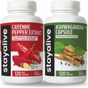STAY ALIVE Cayenne a Ashwagandha Bundle w/Black Pepper Extract Capsules, 240 Vegan Pills, Non-GMO & Gluten Free Ashwagandha Cayenne Pepper Supplement