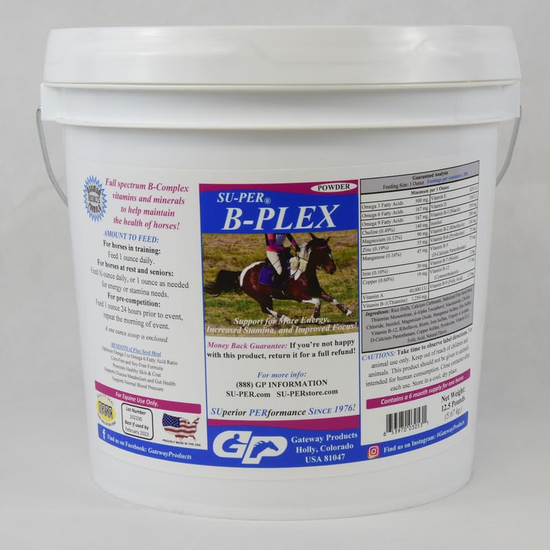 SU-PER B-Plex prášok Konské vitamíny - Kompletné B-komplexné konské vitamíny a minerály doplnok - zdravé kapucne, červené krvinky, Konský upokojujúci prášok - 12,5 libra, 6 mesiacov dodávky (180 dní)