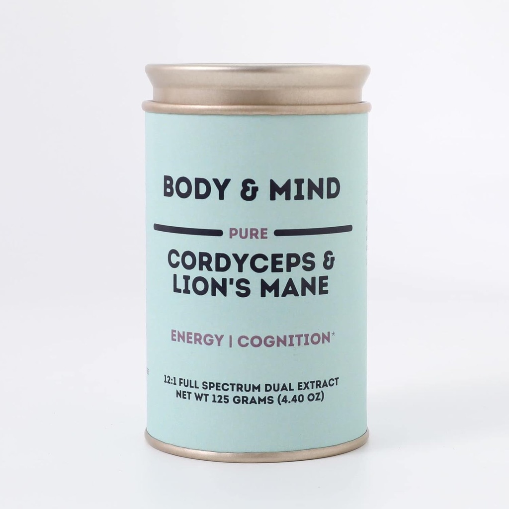 Telo a myseľ - čistá organická Lion's Mane & Cordyceps Huby 12:1 Duálny extrakt - Focus, Cognition, Energy, Endurance - 100% Ovocné telá - Pridajte do vody/Tea/Káva/Káva - 125 gramov