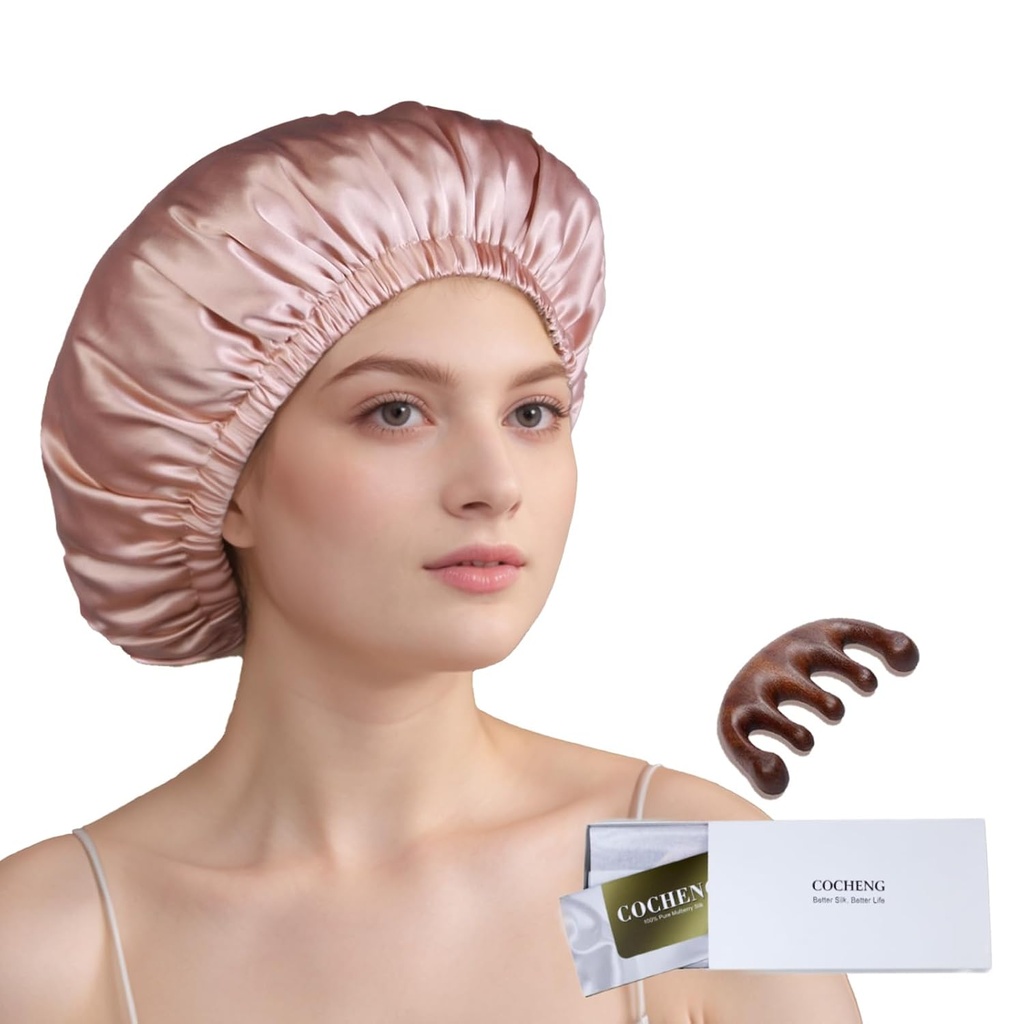 100% Mulberry Silk Bonnet pre spiace ženy Dlhé vlasy -dvojvrstvová spánková čiapka -Silk Sleep Bonnet s elastickým pobytom na hlave (Pink, veľký)
