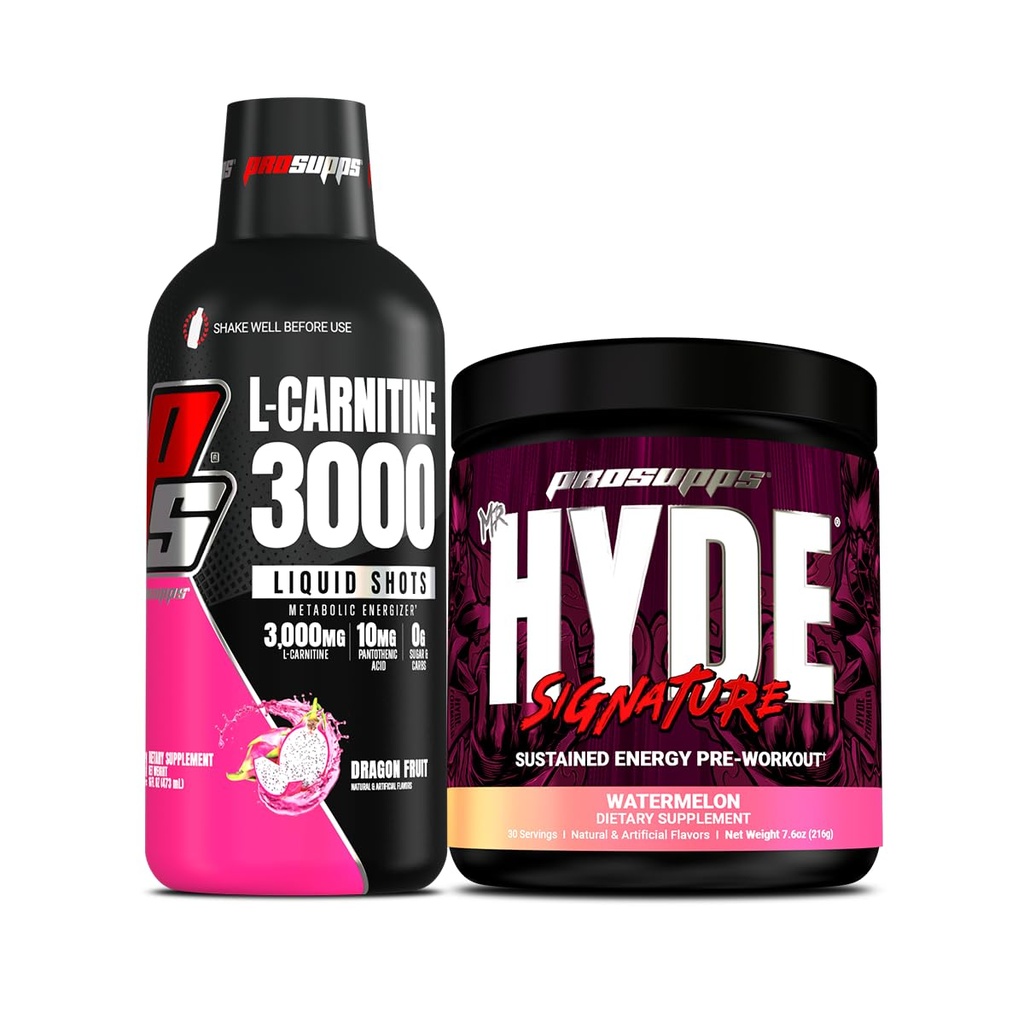 PROSUPPS L-karnitín 3000 Stimulant bez kvapaliny Shots (31 Servings, Dragon Fruit) a Mr Hyde Signature Series Pred-Workout Energy Powderd Drink (30 Servings, Watermelon)