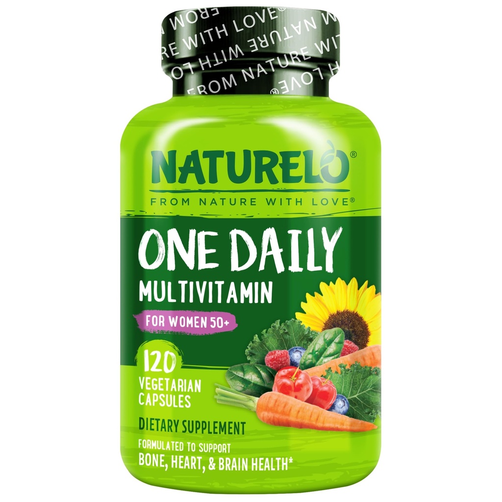 NATURELO Jeden denný multivitamín pre ženy 50+ (bez ironu) - Menopauza Podpora pre ženy nad 50 - Celo Jedlo Supplement - Non-GMO - No Soy - 120 Kapsule - 4 mesiace Zásoba