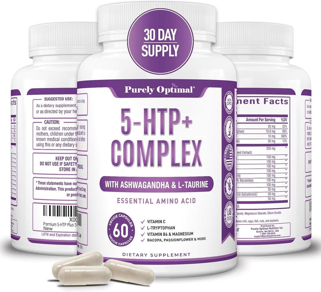 Premium 5-HTP Plus Supplement 250mg Maximum Strength - Sleep Aid, Mood Boost, Propaguje upokojenie a relaxáciu, Podpora stresu - Posilnené vitamínom B6, Gluten Free, Non-GMO, 60 Veggie Caps