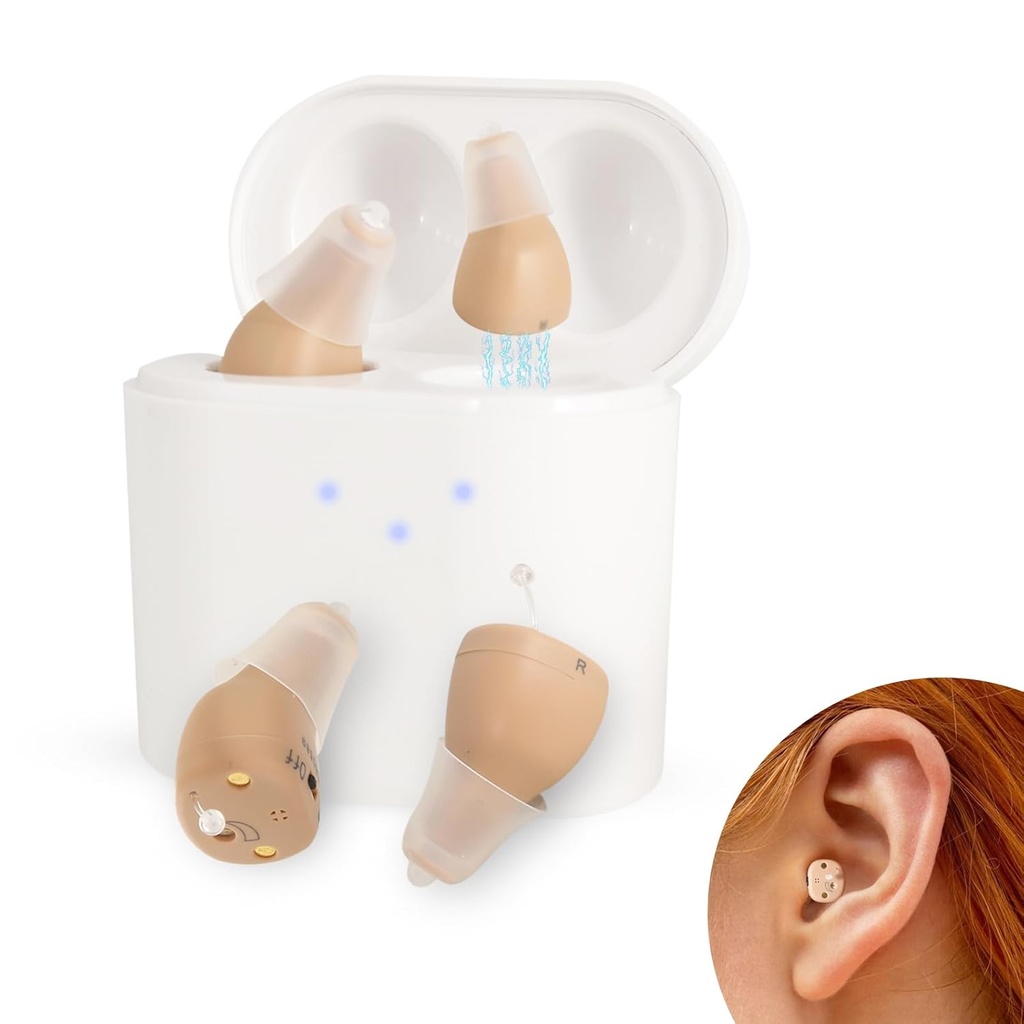 BEVI sluchové pomôcky pre dospelých seniorov s nabíjacím prípadom, OTC sluchové pomôcky nabíjateľné pre dospelých seniorov nabíjateľné so zrušením hluku, neviditeľná sluchová pomôcka Beige,1 pár