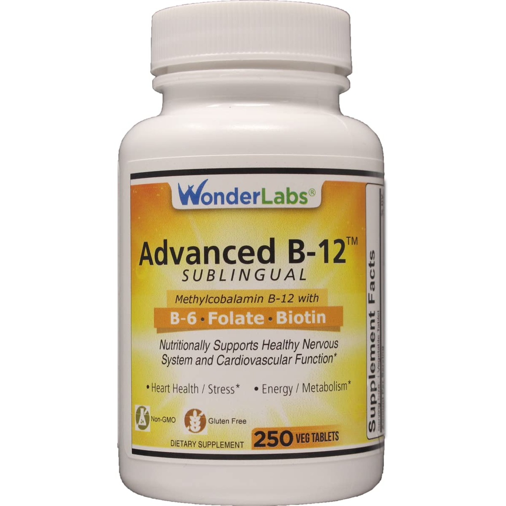 Laboratóriá Wonder Laboratories Sublingválny vitamín B12 (1000 μg), B6 (5 mg), Kyselina listová (400 μg) a biotín (25 μg) - formulované s metylkobalamínovým vitamínom B-12 (250 tabliet)
