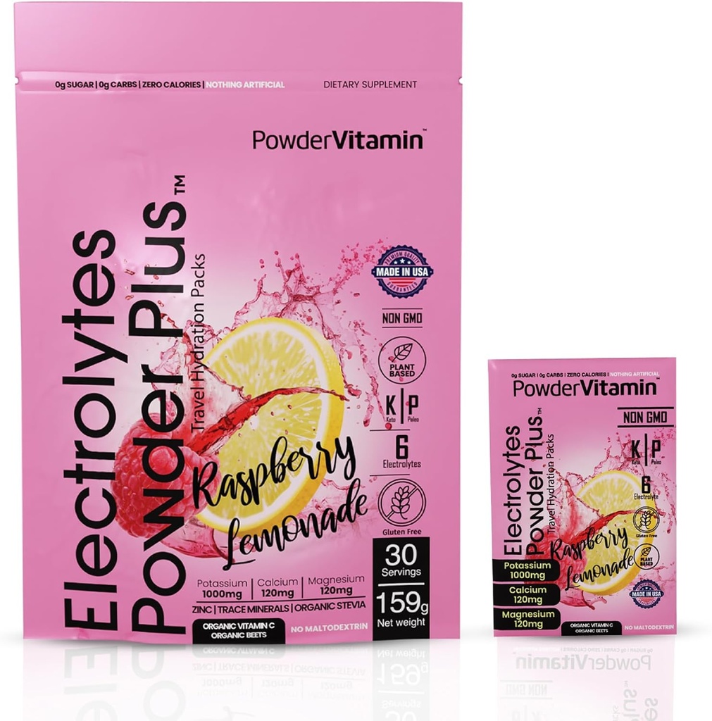Prášokvitamín Electrolytes prášok Plus, Keto, malinová citróna, bez cukru, 1000 mg draslíka, 120 mg vápnika, 120 mg horčíka, non-GMO, Zero kalórií, 30 hydratačných balíčkov