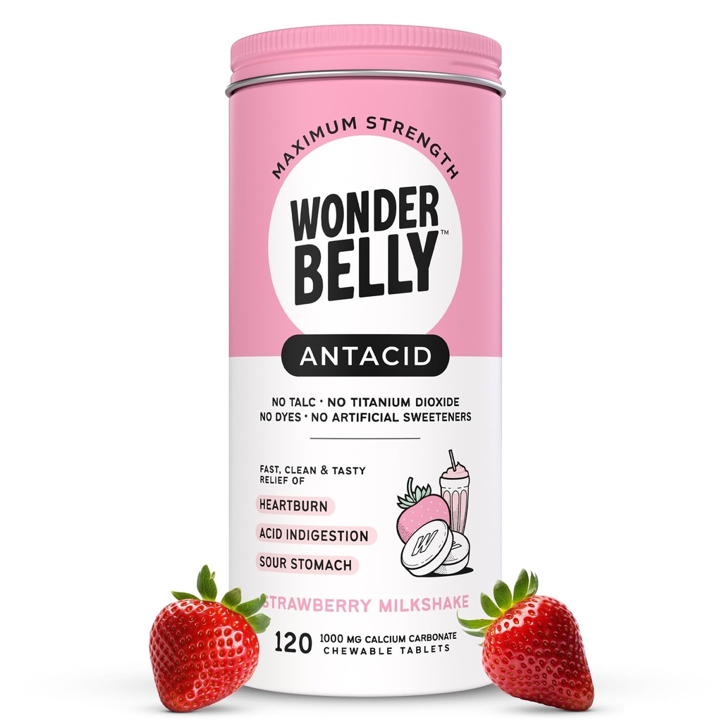 Wonderbelly Antacidum, Účinné pálenie záhy a instantná kyselina Zmiernenie trávenia, Extra sila Žuvacie tablety, 1000 mg uhličitanu vápenatého, Bez mastenca alebo farbivá, Jahodový mliečny koktail, 120 Počet