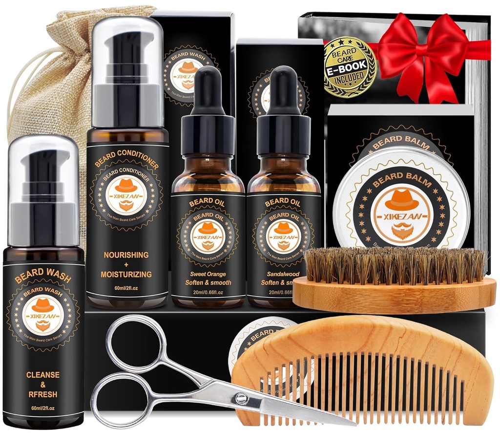 XIKEZAN Brad Sada pre mužov Grooming & Care w/Beard Conditioner, Wash, Oil, Balm, Brush, Comb, Birthday Otcov Valentines Dary pre mužov Otec Manžel priateľ Vianoce Darčeky Muži Stocking Stuffers
