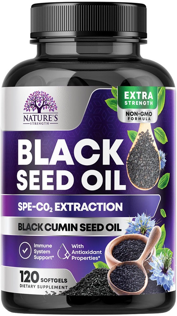 Black Seed Oil Kapsule 1000 mg s Thymochinón - Pure Nigella Sativa pre zdravie pokožky a imunitnú podporu, 100% Blackseed Oil, úžasná extrakcia nad studenou lisovanou čiernou rascou - 120 Softgels
