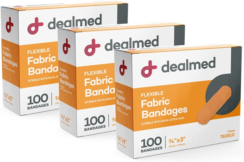 Deald Fabric Flexible Lepiace pásy 100 Gróf (3 balenia) Pásky s non-Stick Pad, Latex Free, Wound Care for First Aid Kit, 3" x 3/4"
