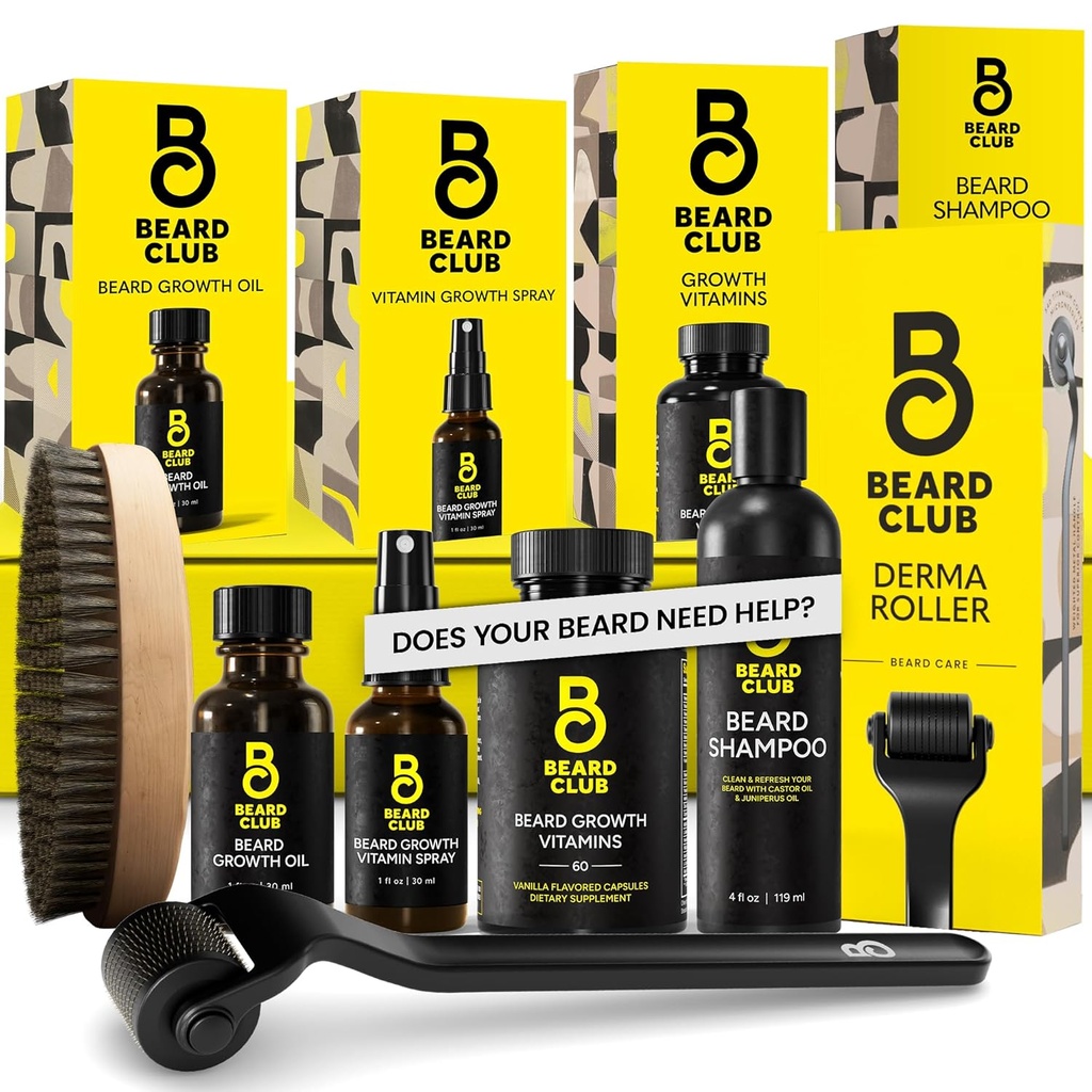 Beard Club Advanced Beard Growth Kit - Derma Valček, Rastový olej, Vitamíny a vitamíny Spray, Šampón a Brustle Brustle Brush - Darčekový set - Cedar