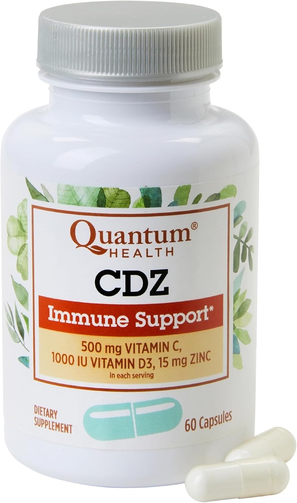 Quantum Health CDZ Imunitná podpora Supplement Vitamín C 500 mg, Vitamín D 1000 IU Plus Zinok 15 mg Výkonný komplex na podporu celotelového wellness - Denné zvýšenie imunity pre ženy a mužov - 60 kapsúl