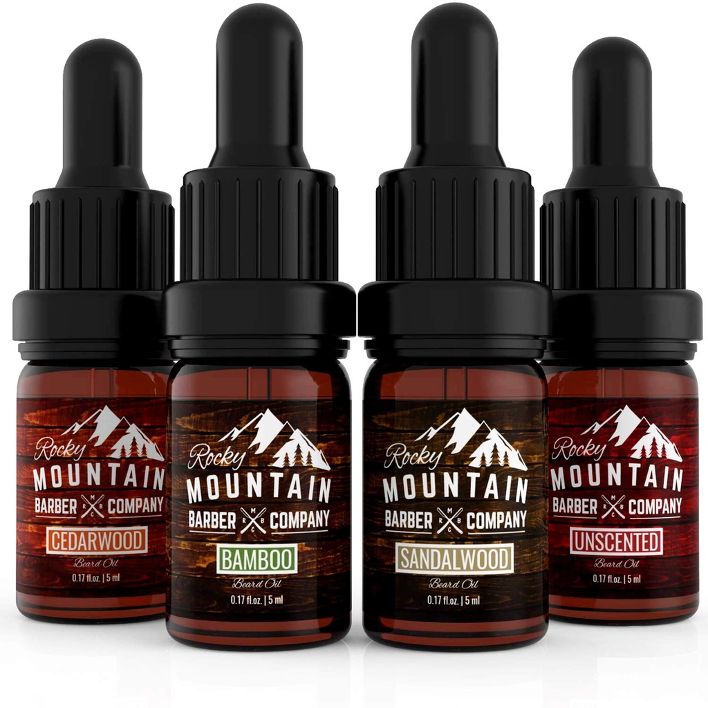 Rocky Mountain Barber Company Beard Oil Sample Size Pack - 4 Unikátne medvedí olej odrody (0,17 oz každý) - Cedarwood, Sandalwood, Bambus & Unscented 