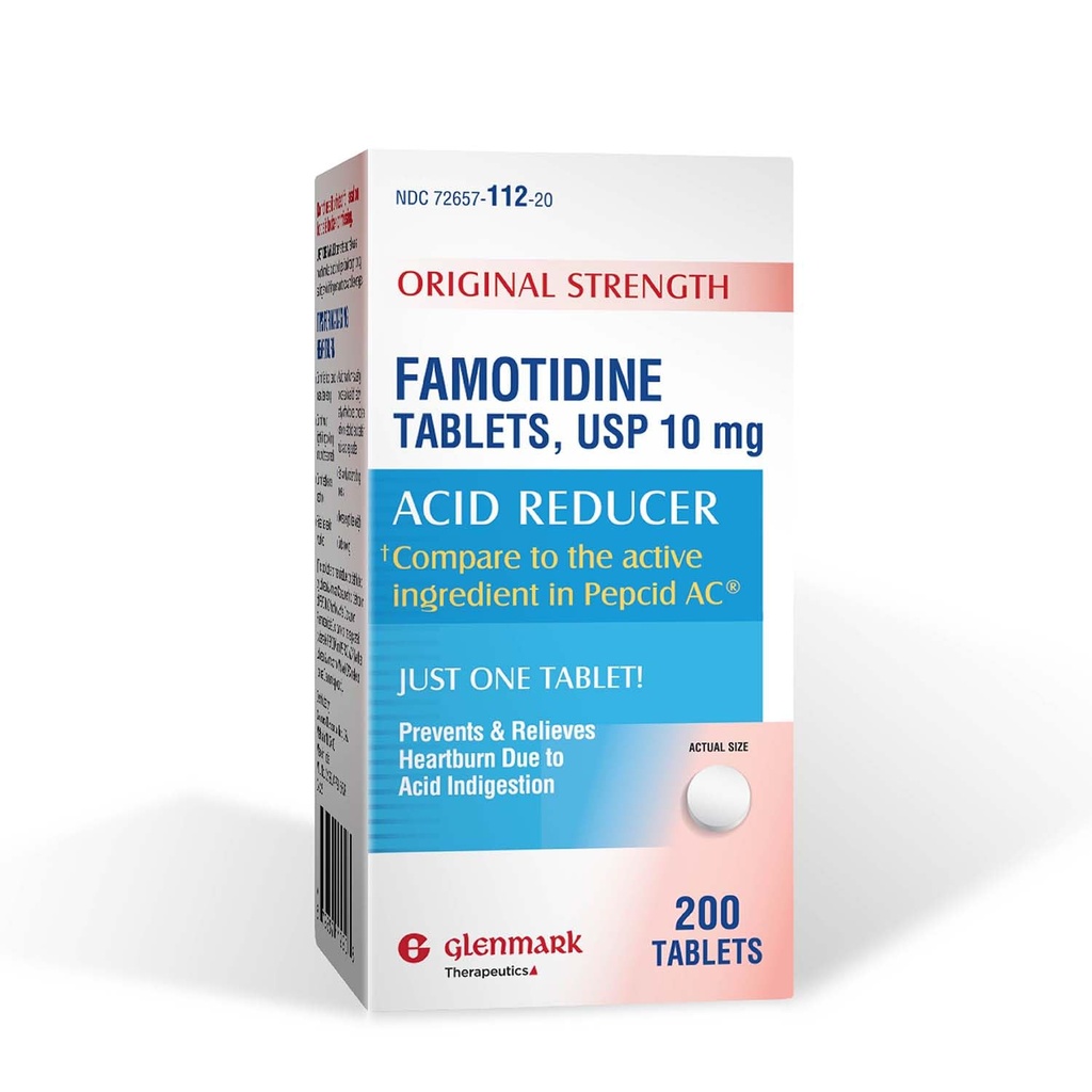 Glenmark Therapeutics Original Strength Famotidín Tablety, 10 mg, Redukcia kyseliny pre úľavu od pálenia záhy, 200 Počet