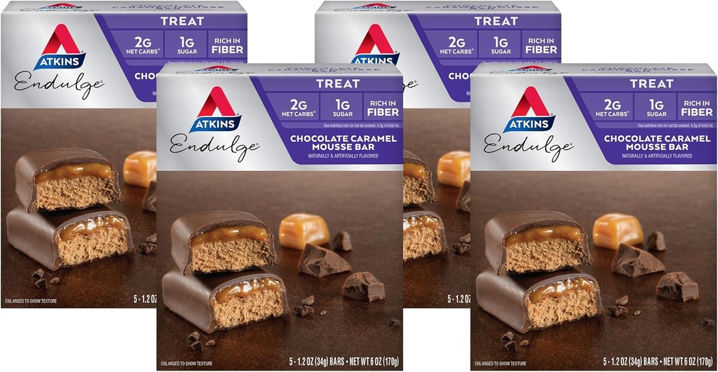 Atkins Endulge Chocolate Caramel Mousse Bar, Dessert Favorite, 1g Sugar, High in Fiber, 5 gróf (pack of 4)