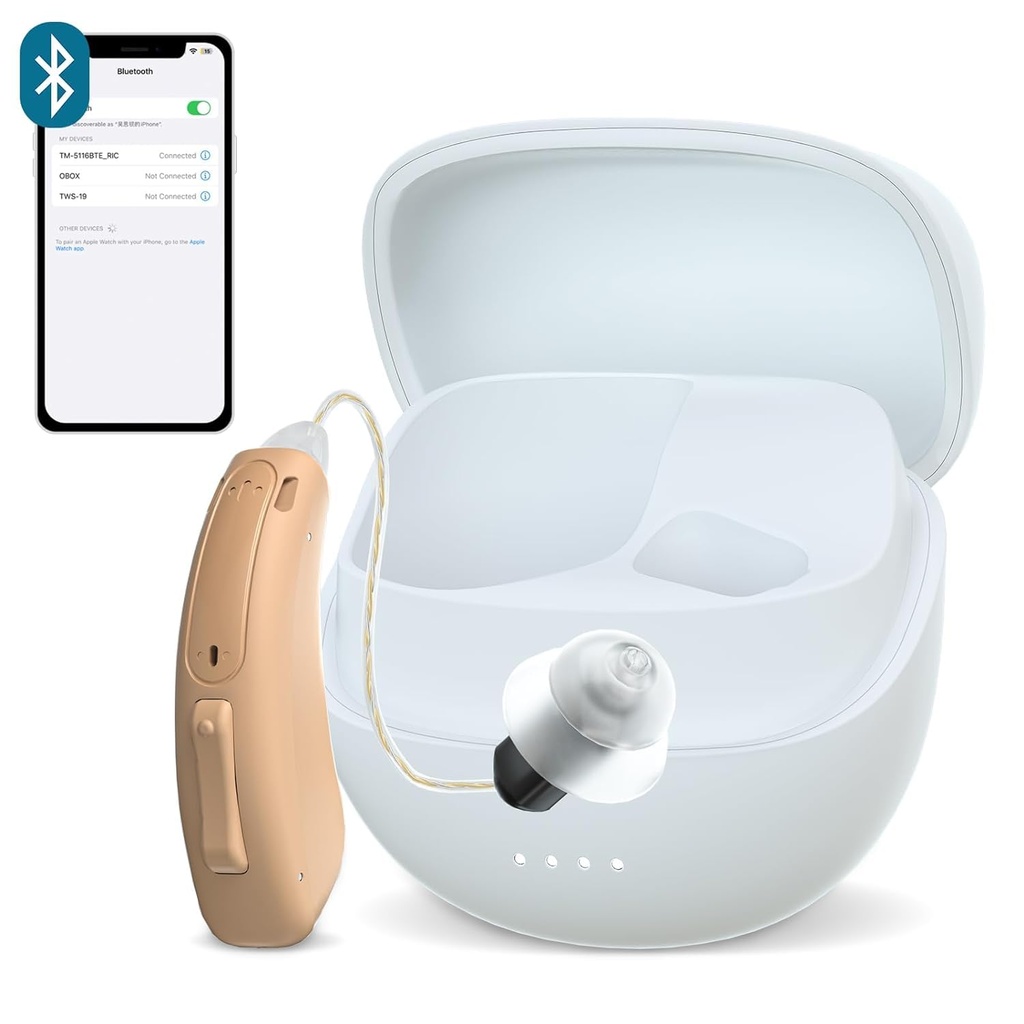 RIC Single Hearing Aid for Seniors ,CUSTOM FIT Digital Over-The-Counter Dobíjateľný Tinnitus Masking Premium Heach Aid Solution for Adults,Narly Nevidible Bluetooth Call Enabled,Auto-On, 1pc Left Side