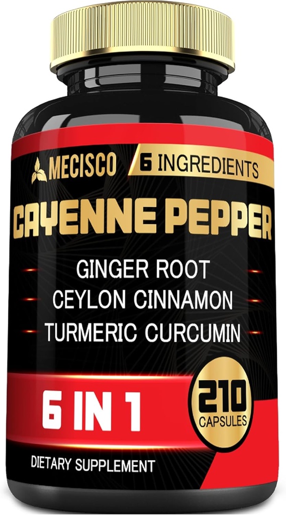 6in1 Cayenne Pepper Extract Kapsule s organickým Turmeric Curcumin Root, Black Pepper, a viac - Podpora Tráviaci systém, zdravie srdca, odolnosť funkcie - 210 Kapsule