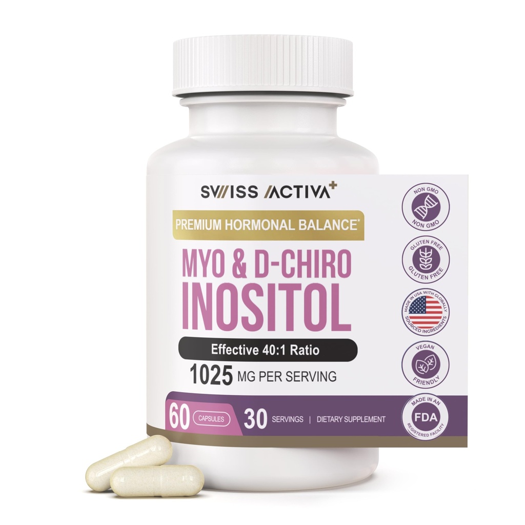 Švajčiarsky Activa+ Labs Myo Inositol Supplement & D-Chiro Inozitol Supplement - Premium Hormone Balance for Women & PCOS Supplements - Regulovať Menstrual Cycle - Ovarian Support - 30 dní dodávky