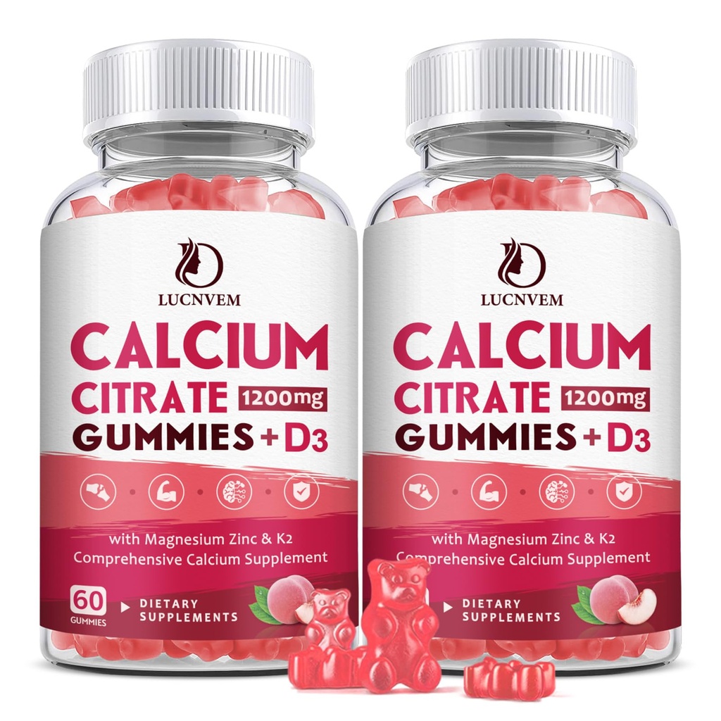 (2 balenia) Citrát vápenatý 1200 mg s vitamínom D3 doplnky Gumičky pre ženy a mužov, kalcium Gumies s vitamínom D3 K2, vysoká absorpcia pre kostnej hmoty zdravé- broskyňová chuť- 60 dní dodávky