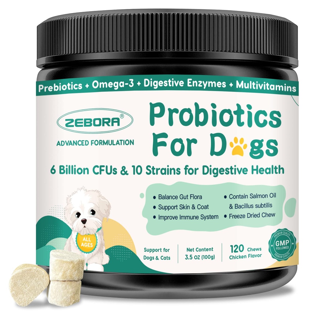 Probiotiká pre psy Tráviace zdravie, psie probiotiká a tráviace enzýmy, prebiotiká, Omega-3 & 6 a vitamín pre psy, 6 miliárd JTK pre zdravie a imunitnú podporu Gut, 120 žuvov