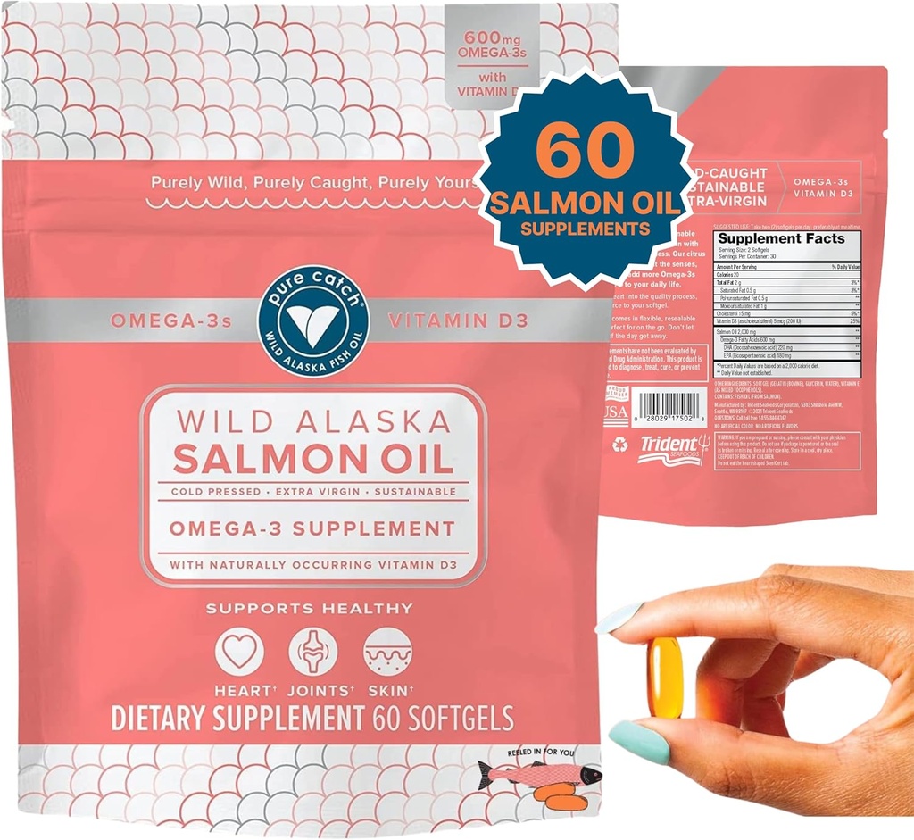 Trident Seafoods Pure Catch Wild Aljašský rybí olej pre ženy + vitamín D3 - Omega-3 Lososový rybí olej doplnok - EPA a DHA - 60 Gróf Daily Citrus Soft Gel - Spoločná podpora, koža, a zdravie srdca