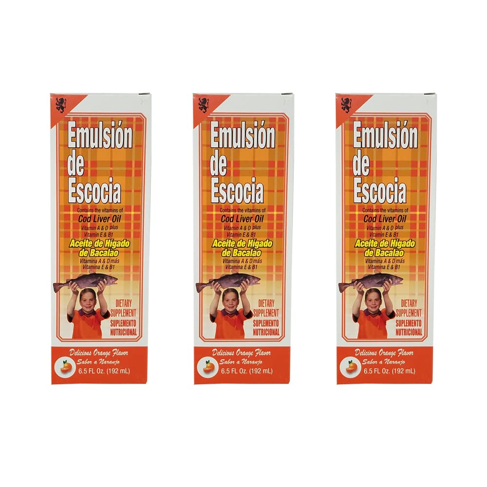 Emulzia de Escocia. Cod Liver Oil Dietary Supplement. Bohaté na vitamíny A, D, E a B1. 6,5 Fl.Oz 192 ml. Balenie po 3