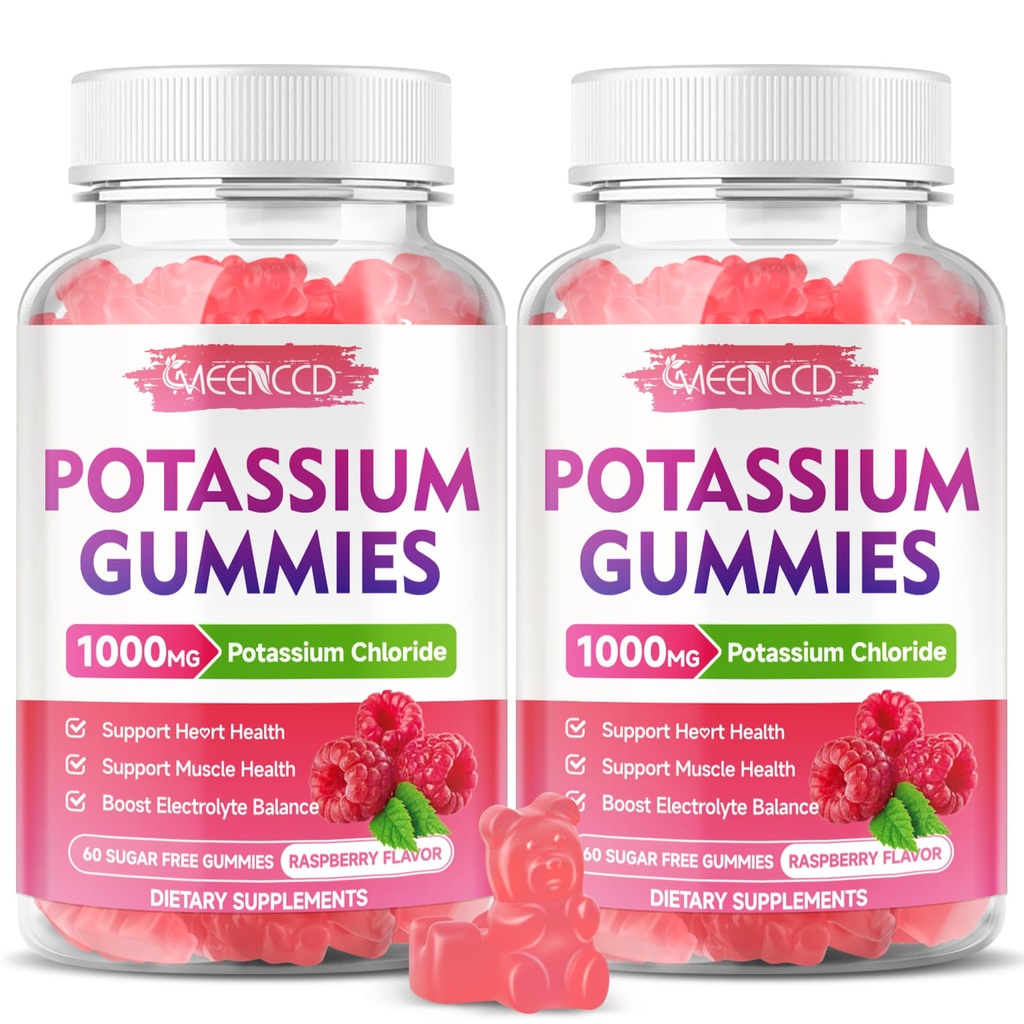 2 balenia Draslík Gumies, Chlorid draselný 1000 mg pre dospelých, bezcukrové doplnky k draslíka Gummy Podpora Elektrolytová rovnováha a nohy Kŕče pre ženy a mužov, malinová chuť, 120 Počet