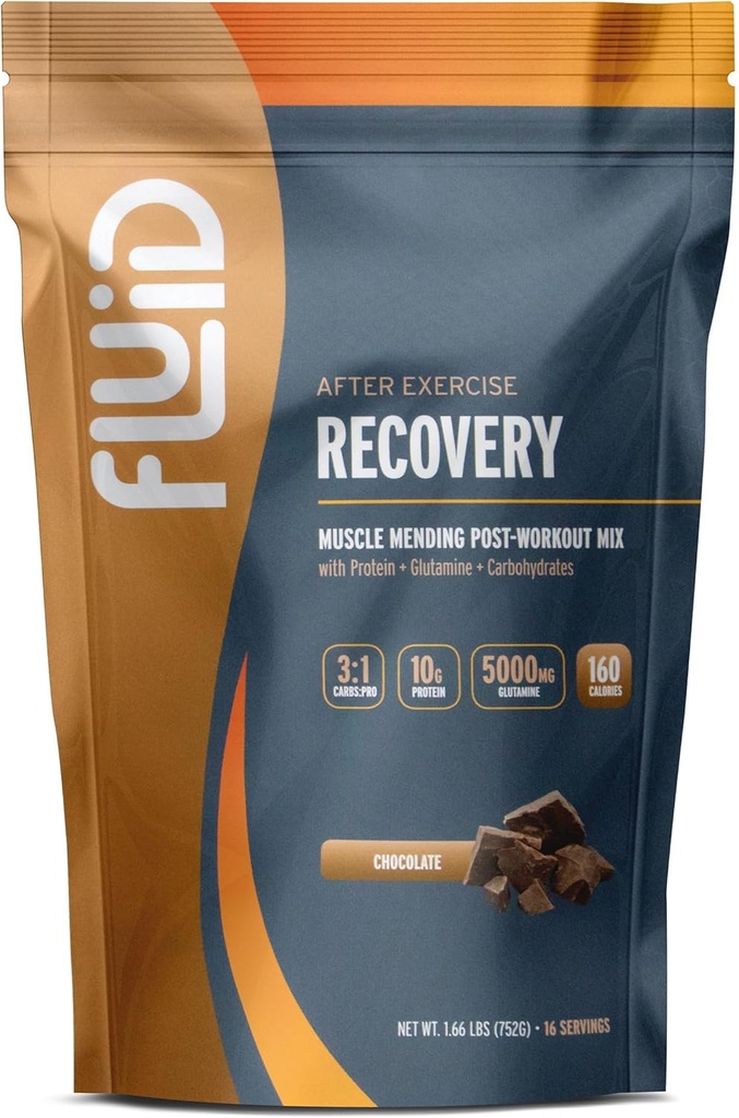 Fluid Recovery, Poprášok nápoj Mix, Srvátka Izolačný proteín, L-Glutamine, Karbs, Všetky prírodné zložky, Gluten-free, bez laktózy (Čokolát)
