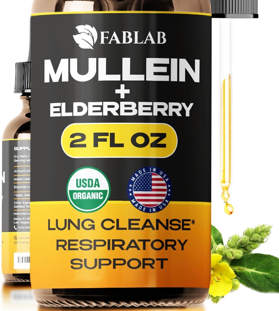 FabLab Mullein Leaf Extract s bazami 2 Fl Oz - Made in USA - Drops for Better Lung - Mullein Tinture for Lung Detox - Bronchial Cleanse for Smokeers - Respiratory Herbal Supplement