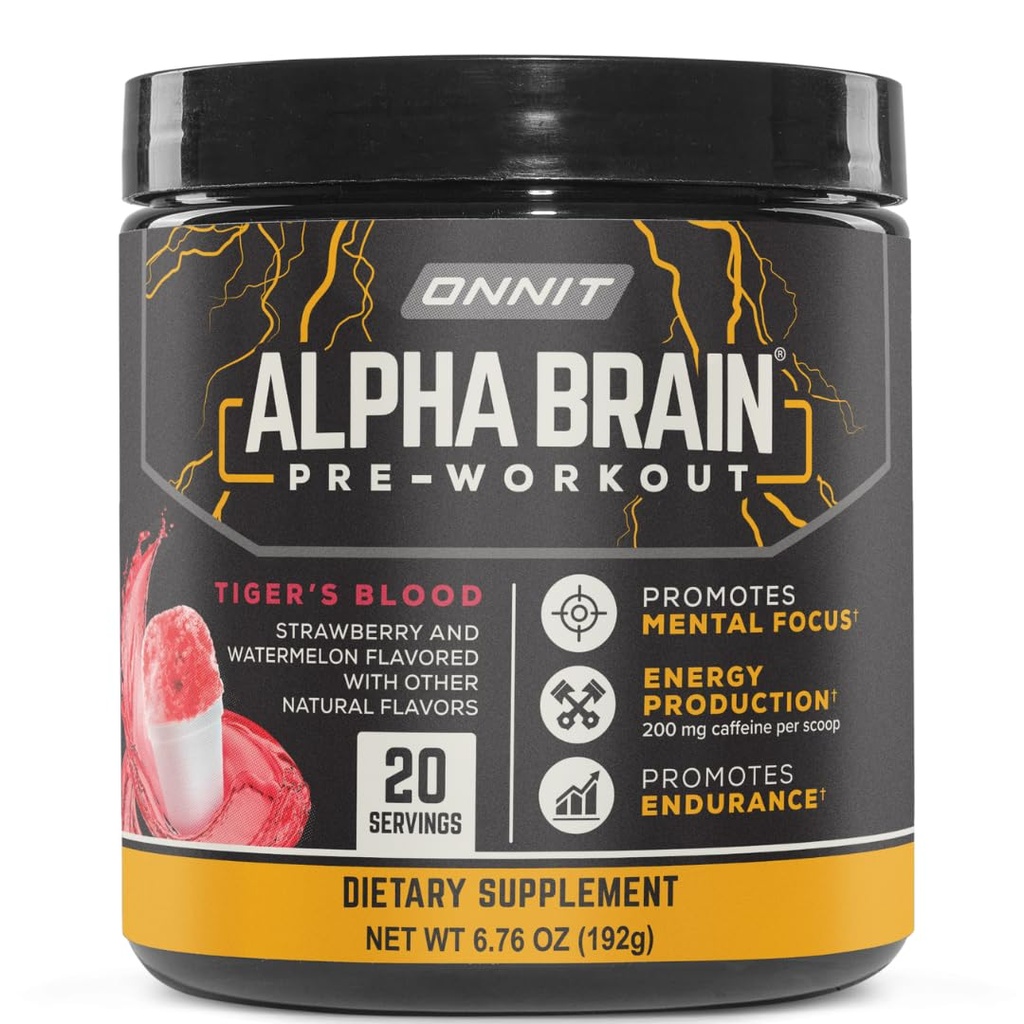 ONNIT Alpha Mozog pre-Workout Powder, IGENTM Non-GMO testované, Tiger krv chuť, pred-Workout doplnok pre ženy a mužov, Dietary Supplement, 20 Servíry na tub, 6.76 oz