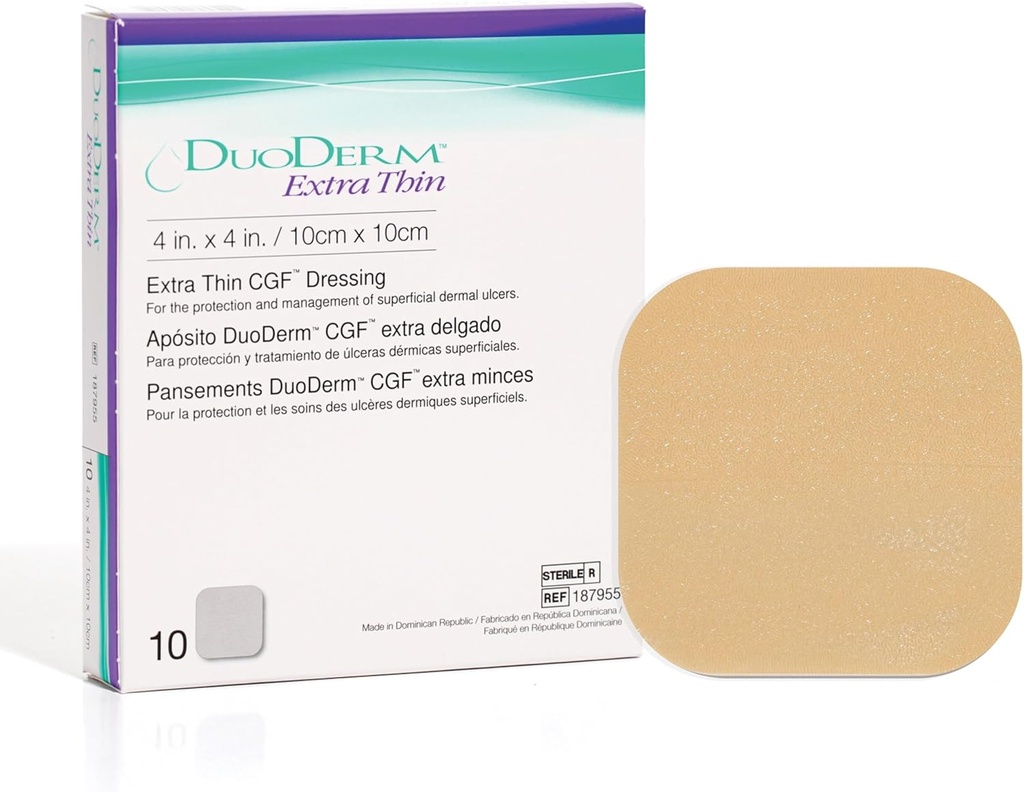 ConvaTec DuoDERM Extra tenký ovládací gél Formula 4"x4" Hydrokoloid Sterilná adhezíva Obliekanie pre Povrchové rany, Nízke trenie, Latex-Free, vodeodolný, námestie, Béžová, 10ct Box