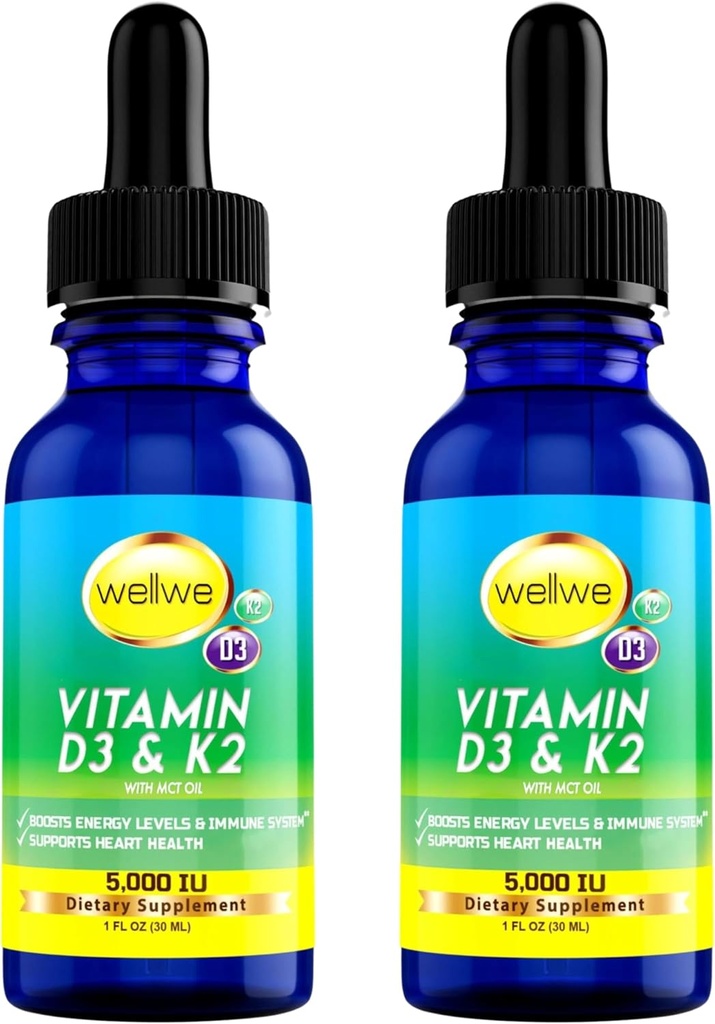 2 fľaše Tekutý vitamín D3 K2 kvapká 5000 IU s MCT olejom - Vegan Tekutý vitamín D doplnok k vyššej energetickej úrovni, nálada a imunitný systém, bez príchute, bez zápachu, bez lepidla, non-GMO, 2 Fl Oz