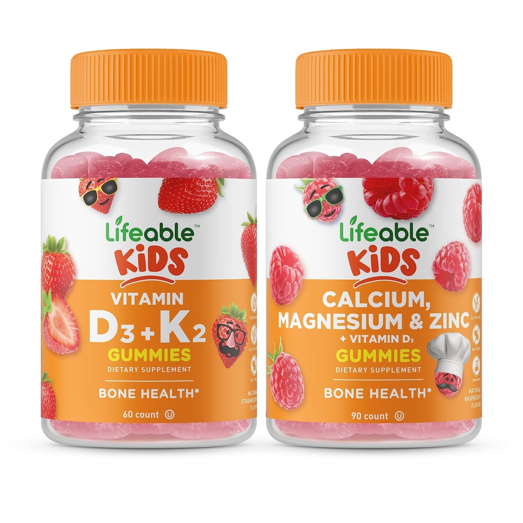 Životaschopný vitamín D3 + vitamín K2 Deti + vápnik Magnézium a zinok Deti, Gummy Bundle - veľké ochutnávky, vitamín doplnok, bez lepku, bez GMO, Žuvacia Gummy