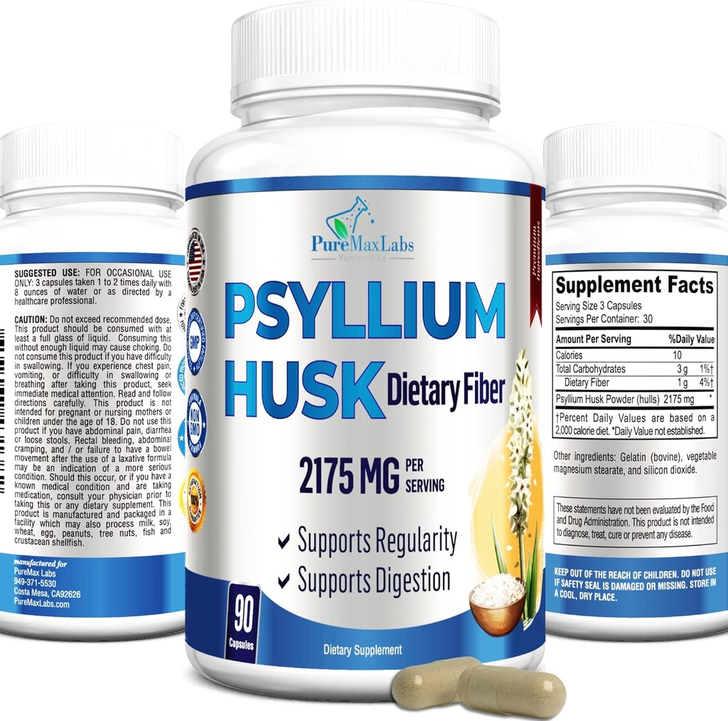 Psyllium Husk Dietary Fiber Supplement 2175mg, Non-GMO, 90 Kapsule
