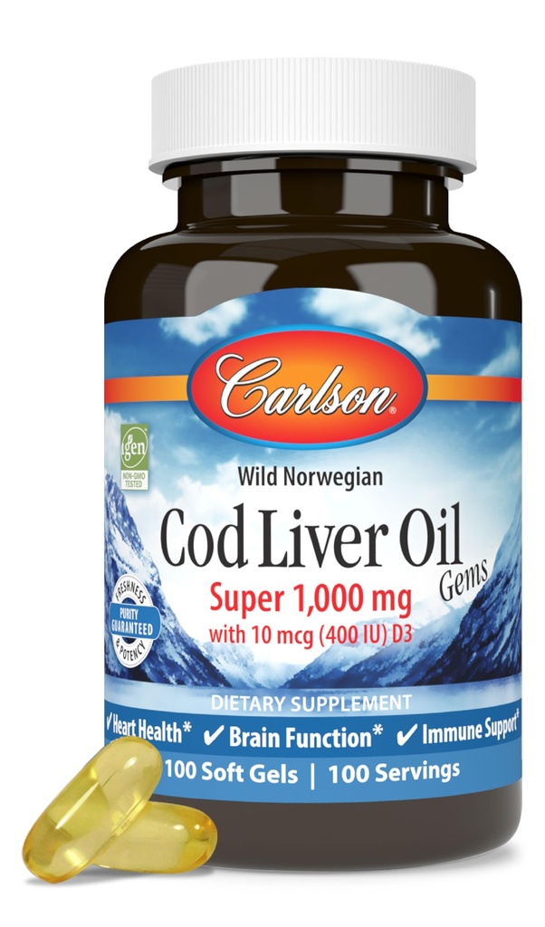 Carlson - Cod Liver Oil, Super 1000 mg + Vitamíny A a D3, Wild Norwegian, Udržateľne Zdroj, 100 Softgels
