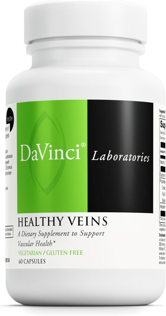 DAVINCI Labs Healthy Veins - Dietary Supplement to Support Cievne zdravie a správna štruktúra nohy Veins - s vitamínom C, diosmínom a viac - bez lepku - 60 kapsúl